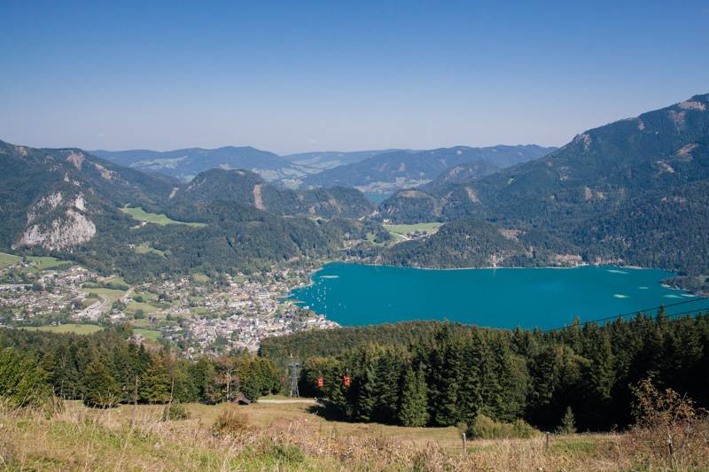 View of Wolfgangsee from Zwölferhorn mountain in Austria