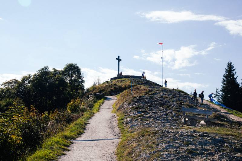 View of the cross at the summit of Zwölferhorn mountain, Austria