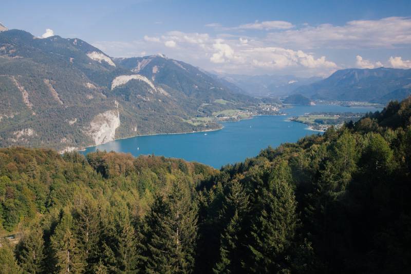View of Wolfgangsee from a cable car, travelling down Zwölferhorn mountain, Austria
